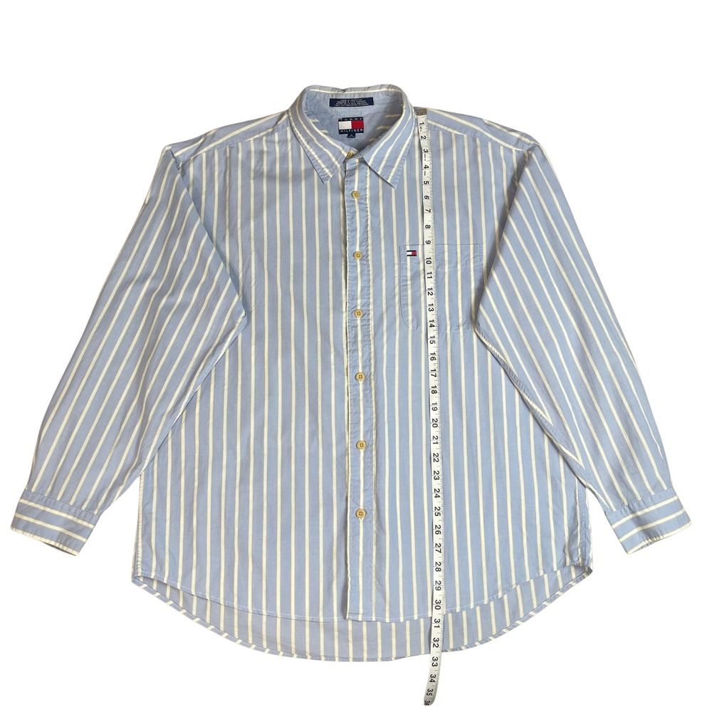 Tommy Hilfiger Mens Button Down Shirt XL Blue White Stripe Pocket Logo Casual - Picture 9 of 12